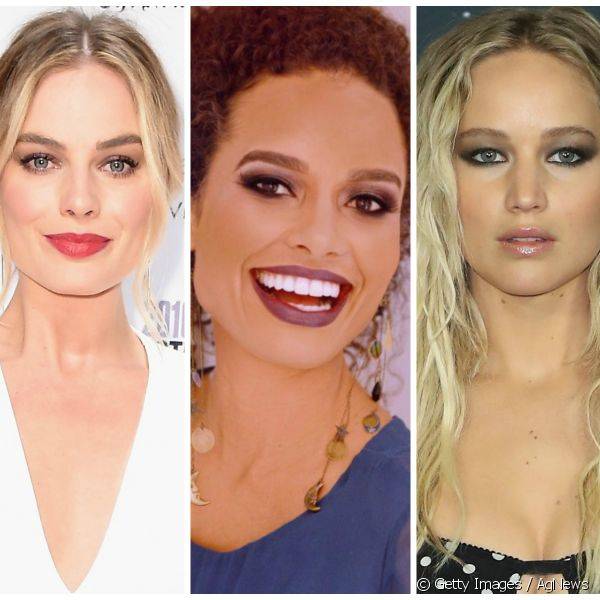 Batom vermelho e roxo, olhos esfumados e pele iluminada: confira as maquiagens de famosas como Margot Robbie, Aisha Jambo e Jennifer Lawrence!
